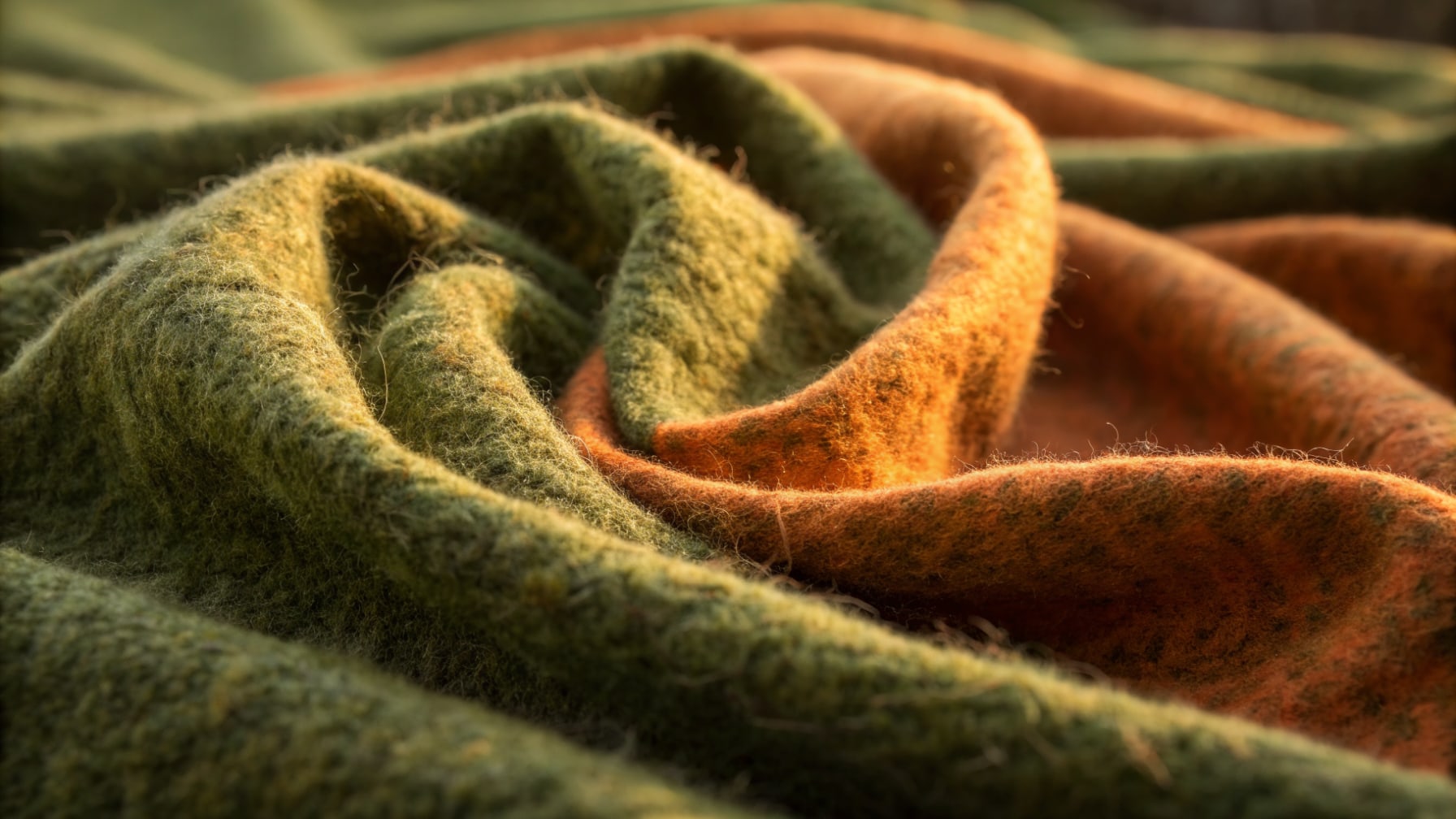 Abstract macro texture of dense wool felt fibers under soft side light, in moss green and warm ochre tones, no objects, 