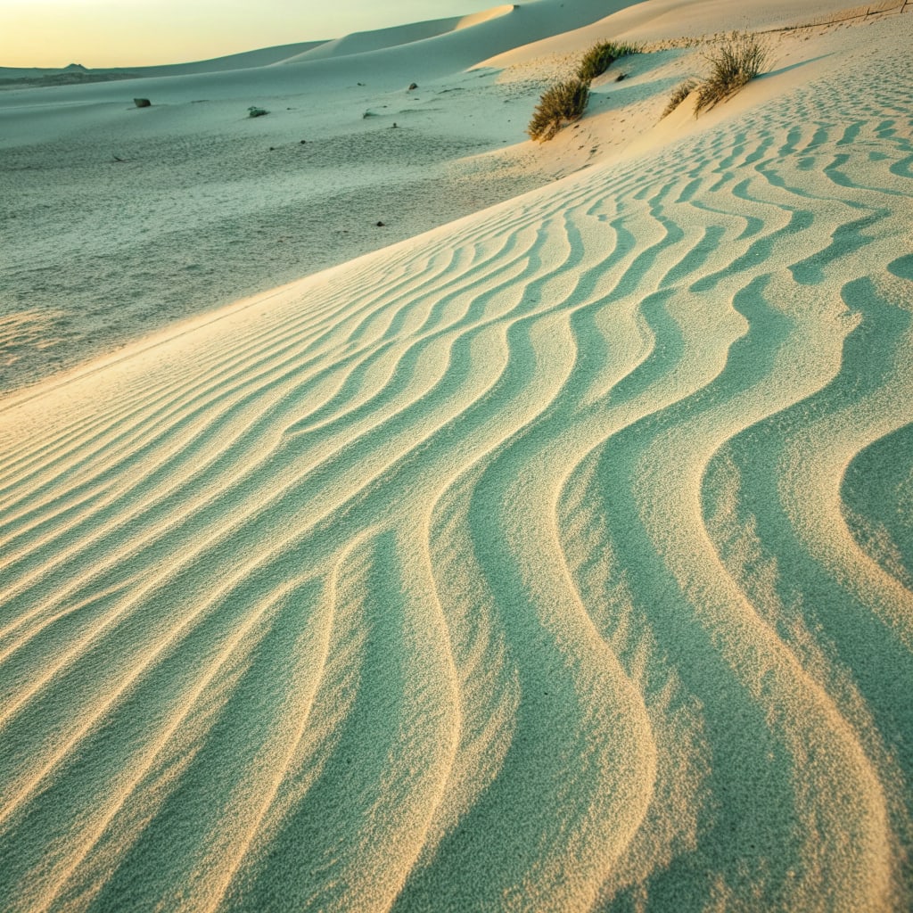 Abstract macro texture of fine wind-carved ripples in pale sand under low morning light, in warm sand and soft mint gree