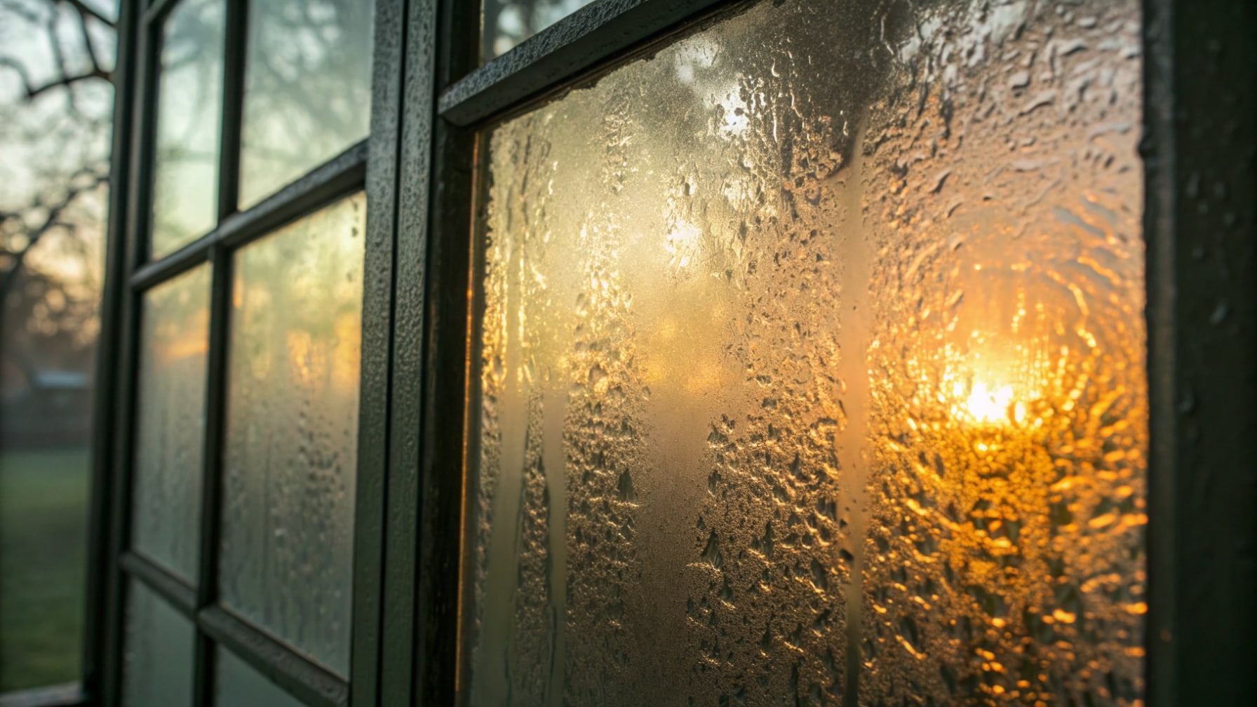 Abstract macro texture of frosted glass with warm honey-amber light glowing softly through it, in amber and pale sage gr